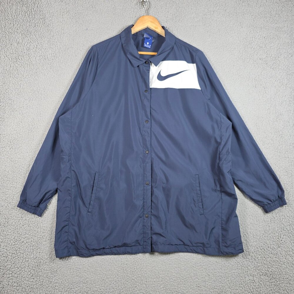 Nike Long Jacket Womens Size XL Navy Collared Button Snap Relaxed Fit Sportswear